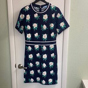 Draper James Magnolia Print Navy Dress with White Trim